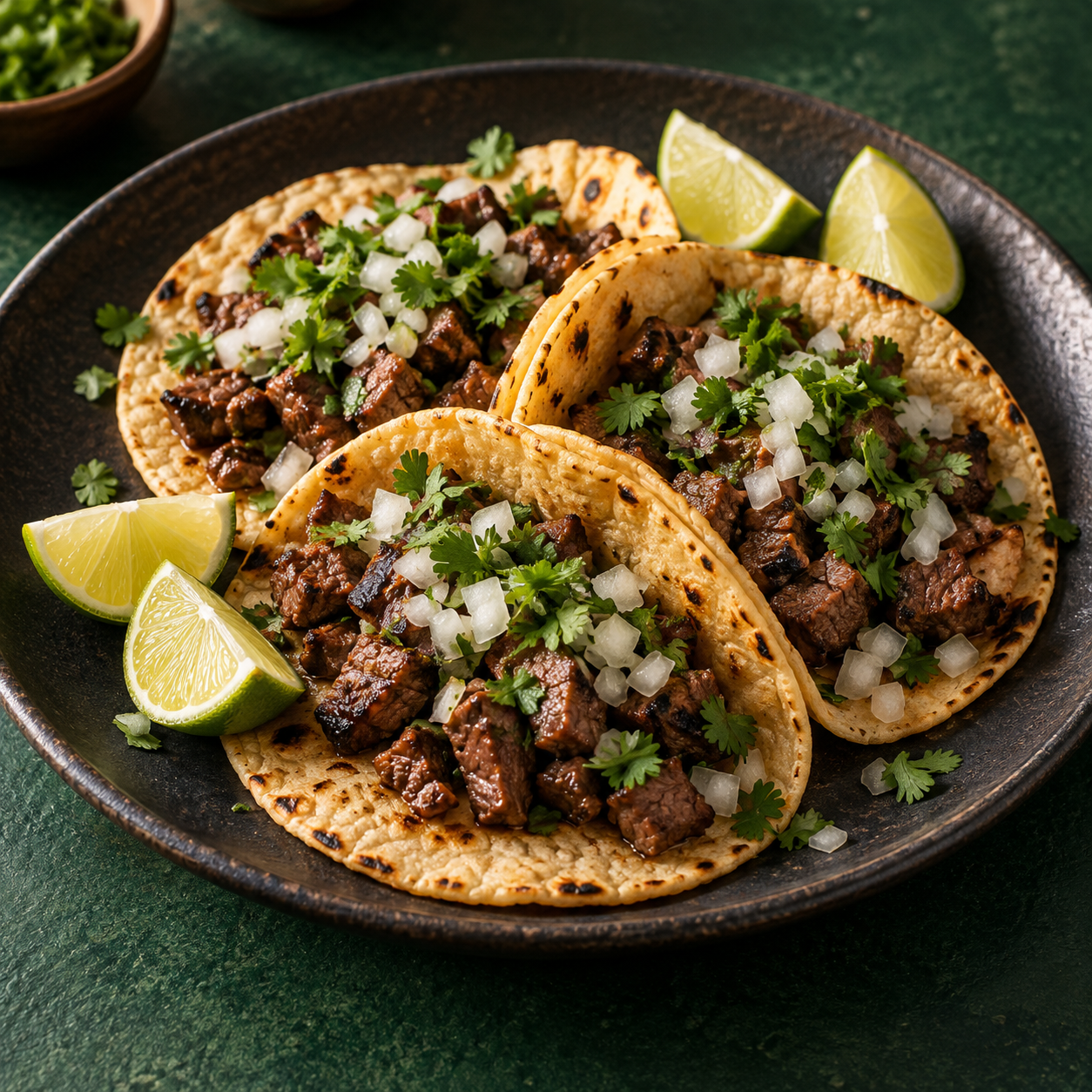 Illustrative image of carne asada tacos with fresh cilantro, onion, and lime